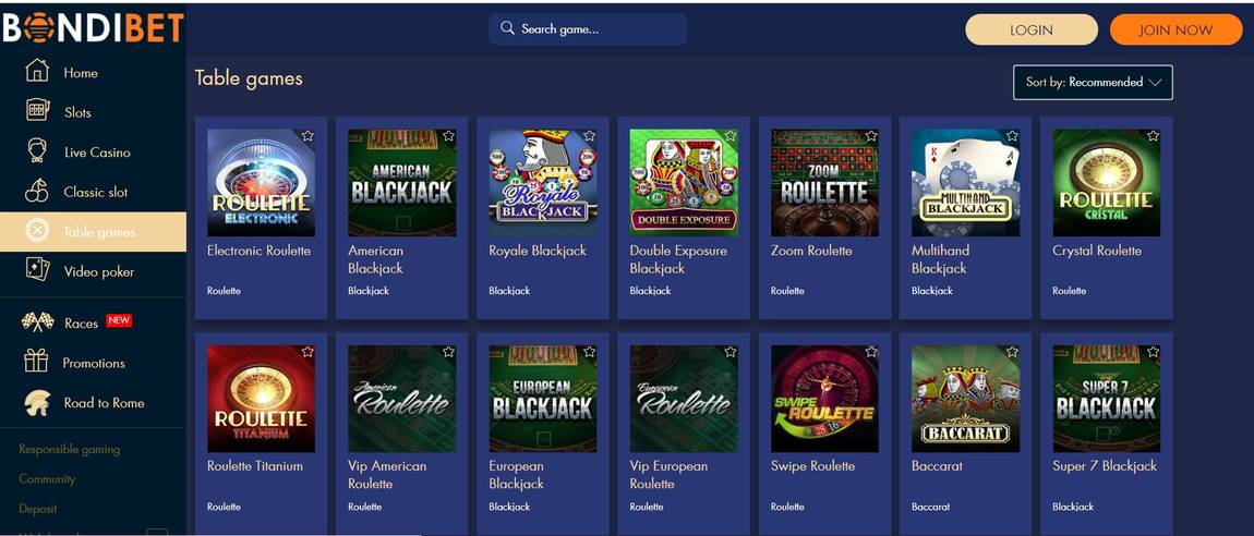 Bondibet Casino Table Games