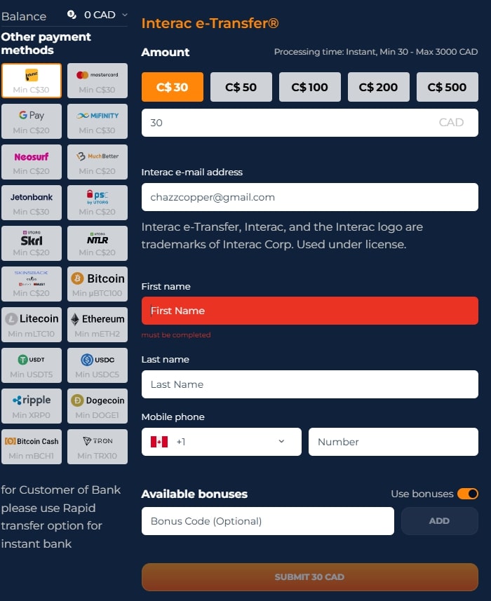 axe casino payment methods