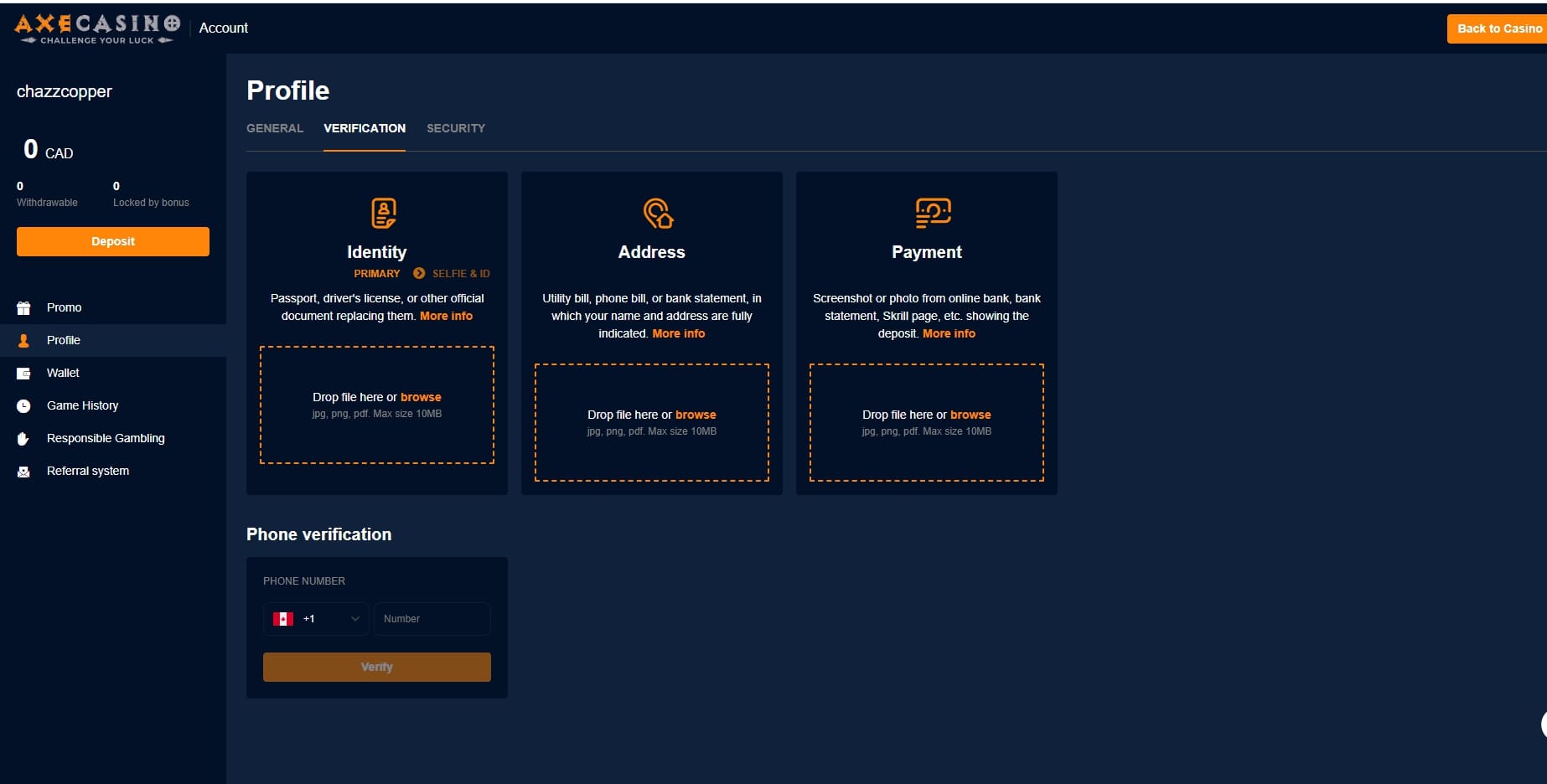 axe casino verysication